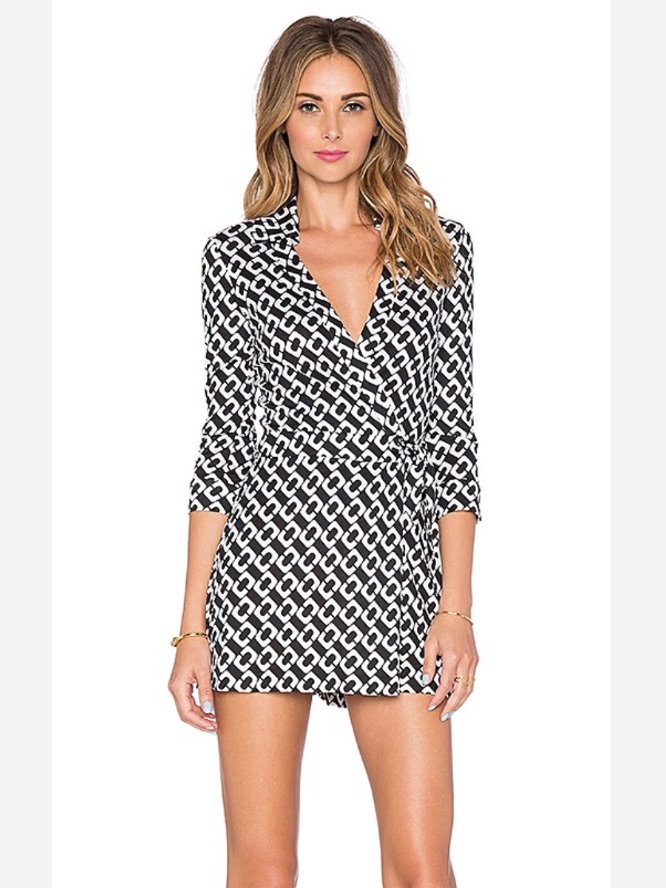 New Diane Von Furstenberg Celeste Romper Black And White Geometric Print Size 6